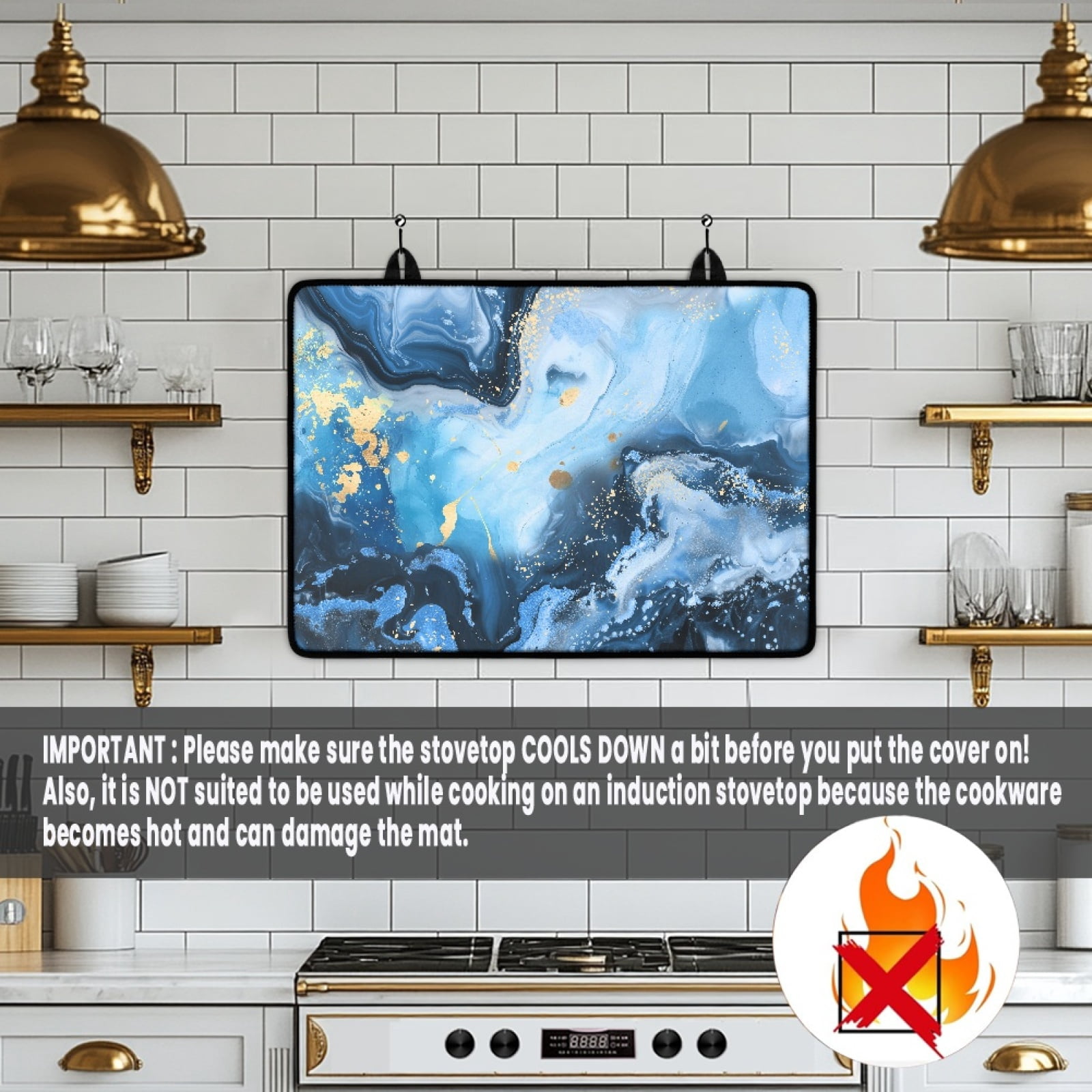 Renewold Ceramic Glass Stove Top Cover for Electric Stove, Non-slip Stove Mat Stovetop Protector Cover Multipurpose Desk Saver Pad for Counter Top, Blue Gold Marble