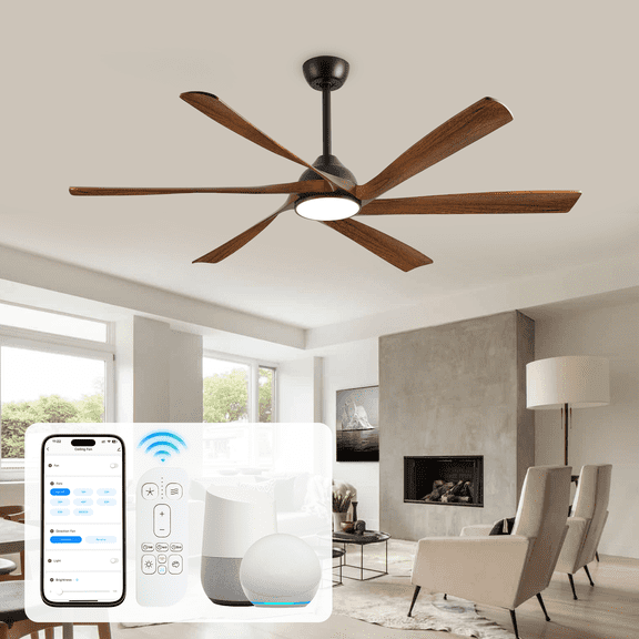 60 inch Smart Ceiling Fan with Light and Remote, Large 6 Blades Wood Ceiling Fan with Voice/App Control, Indoor Outdoor Fans for Patios Porches Bedroom Kitchen