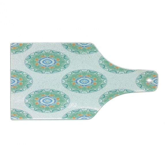 Nature Cutting Board, Foxes in the Forest in Round Mandala Style Patterns Playroom Summer Theme, Decorative Tempered Glass Cutting and Serving Board, Wine Bottle Shape, Green Orange, by Ambesonne