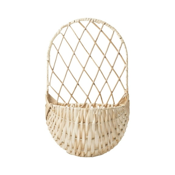 Handwoven Flower Basket with Iron FrameWall Mounted Storage Organizer for Home Decor 13.98 x 8.07 Inches Beige Woven Wooden Planter & Magazine