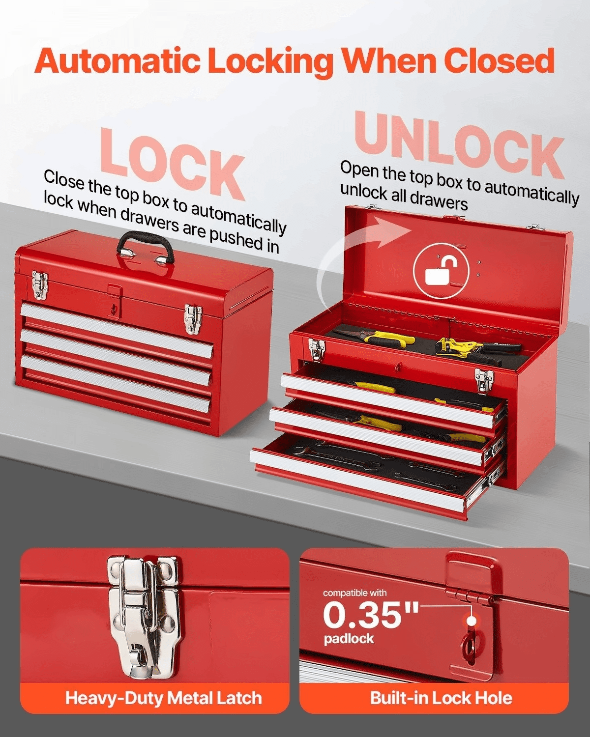 Metal Tool Box 20.5 inch Portable Tool Organizer with 3 Drawers, Red Steel Toolbox with Auto-Locking, Heavy Duty Tool Storage for Mechanic, Home, Automotive