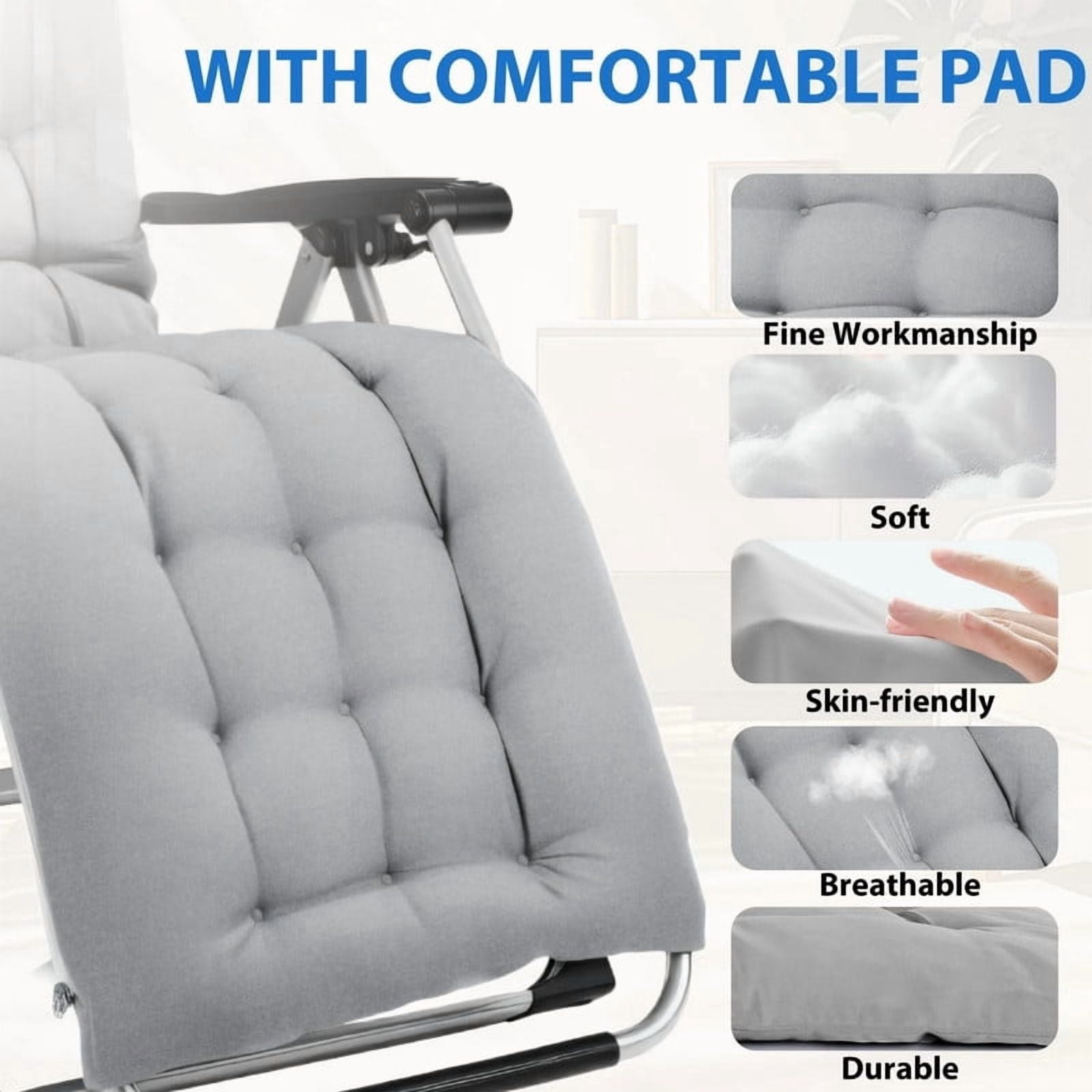 Kelno Padded Recliner Chair Zero Gravity Camping Chair Holder Trays Outdoor Portable Patio Lounge Chair with Removable Cushion Headrest Cup, Gray
