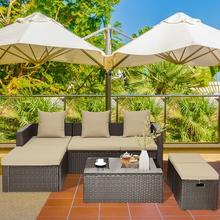 Costway 5Pcs Rattan Patio Conversation Furniture Set Adjustable Sofa