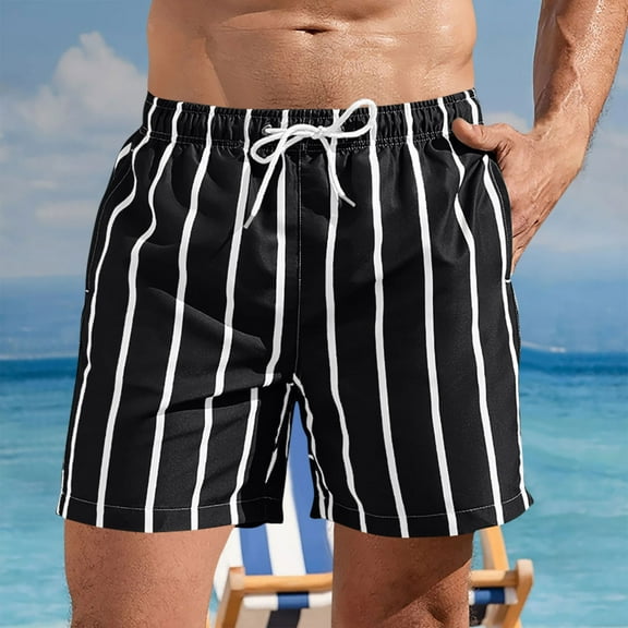 Zylanna Men's Swim Trunks, Quick Dry with Pockets Striped Elastic Waist Beach Board Shorts Black