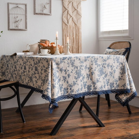 Blue Floral Tablecloth for Coffee Table Country Rectangle Tablecloth with Hollowing Edges Waterproof Wipeable Cotton Linen Fabric Retro Table Cover for Sofa, Nightstand, Picnic 140*180cm