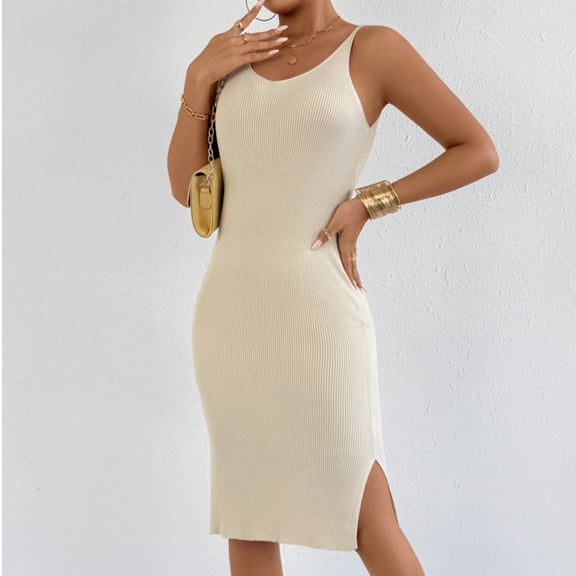 Xaqiouau Womens Solid Sleeveless Ribbed Knit Bodycon Midi Dress Scoop Neck Side Slit Fitted Stretchy Casual Work Party Club Evening Wear