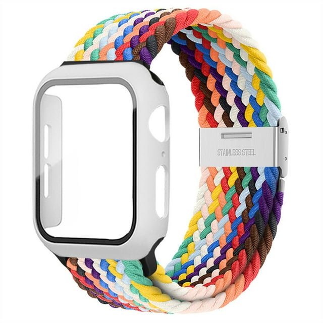 ALMNVO Braided Solo Loop Band Compatible with Apple Watch Bands with Case 45mm 44mm 42mm ,Stretch Nylon Elastic Strap with Glass Screen Protector Case for iWatch Series 7 6 SE 5 4 3 2 1