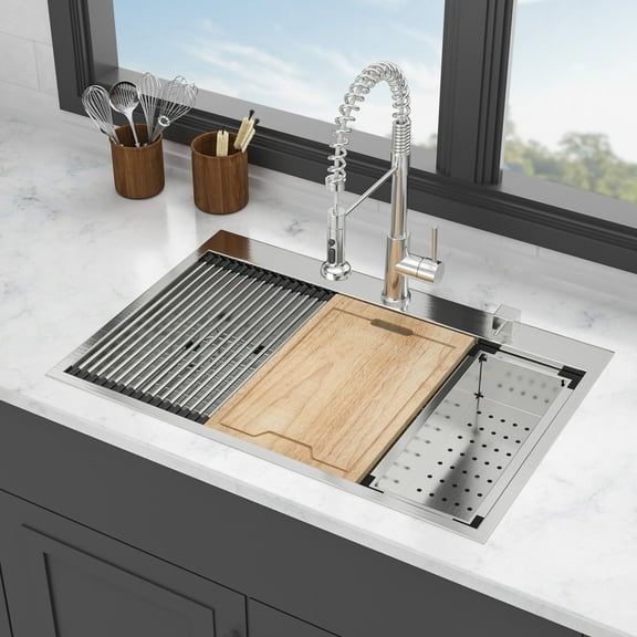 Kitchen Sink 33 Drop In Kitchen Sink - 33X22 Stainless Steel Drop In Sink Ledge Workstation Topmount Kitchen Sink Single Bowl, 16 Gauge,Stainless Steel Kitchen Sink