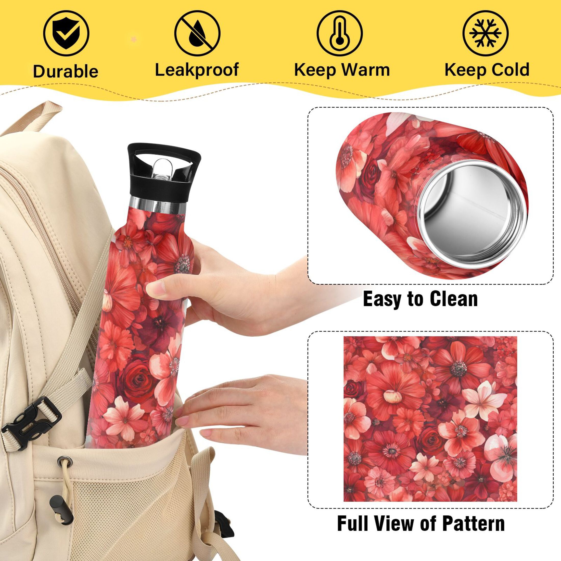600ML Stainless Steel Insulated Cup Sports Water Bottle Portable Thermos Cup Water Glasses Insulated Tumblers Convenient and Durable Cartoon Red Flowers Seamless