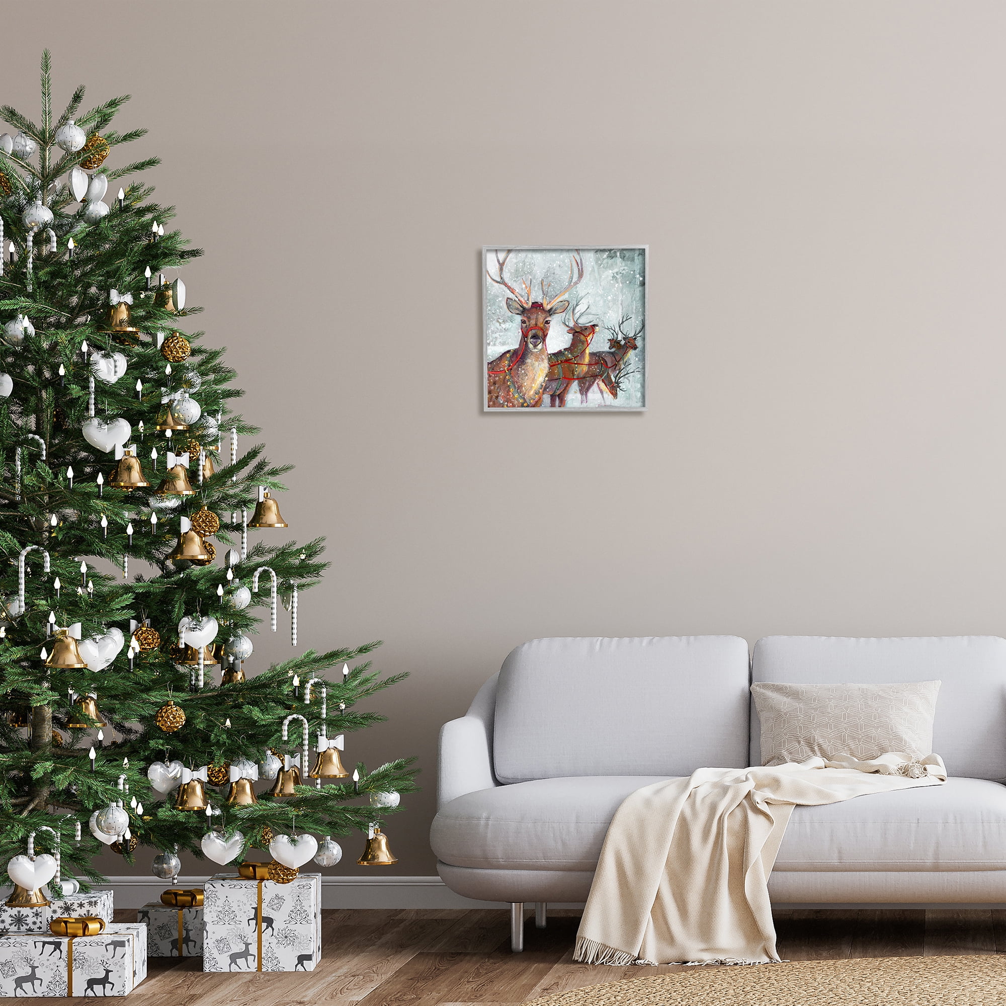 Stupell Industries Winter Reindeer Holiday Landscape Holiday Painting Gray Framed Art Print Wall Art