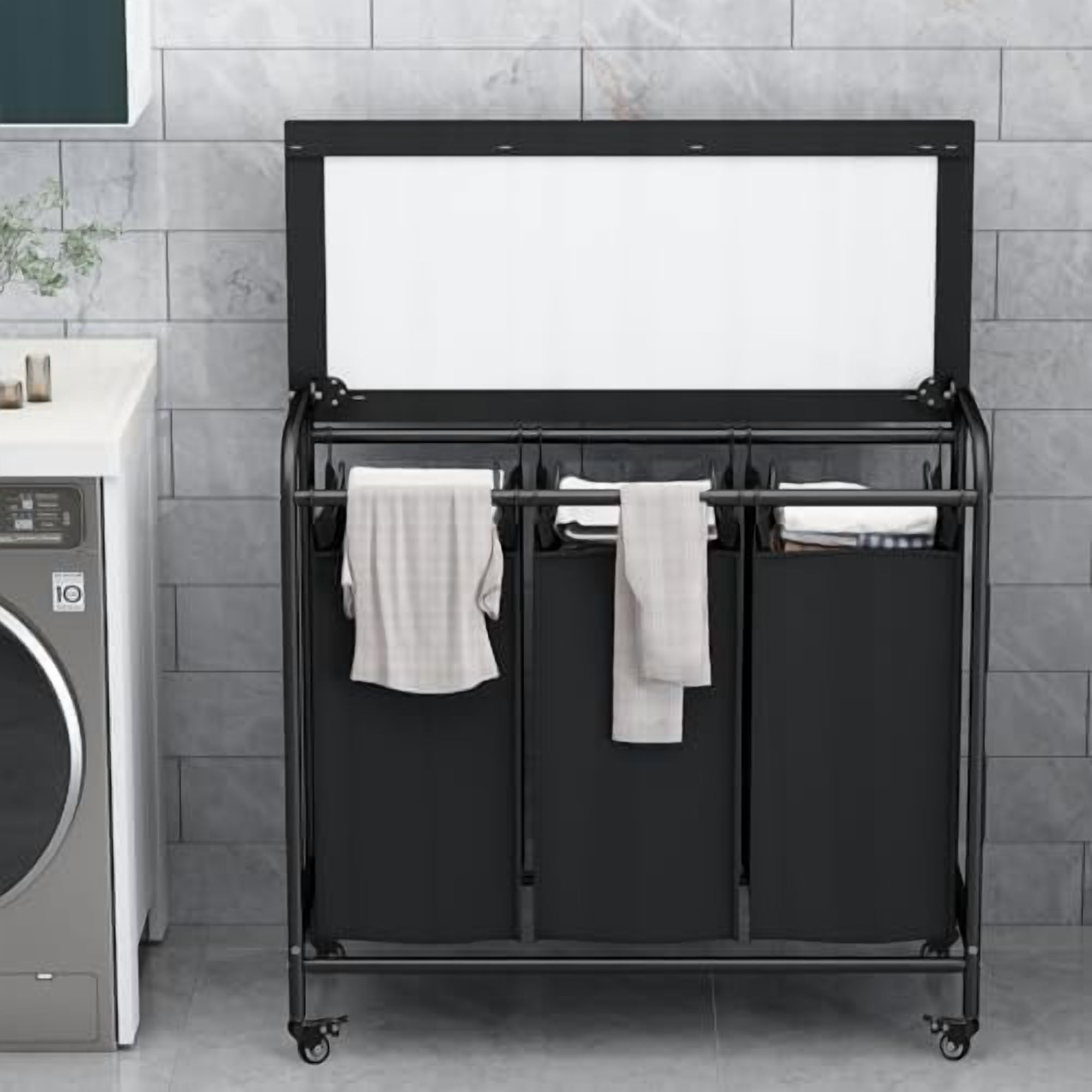 3 Bag Laundry Basket Sorter Heavy Duty Rolling Lockable Wheels Laundry Hamper Cart with Ironing Board and Removable Bags, Black