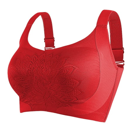 REORIAFEE Women Bras Plus Size Gathered Together Wireless Bras Solid Adjustable Straps Brassiere Breathable Spaghetti Straps Comfy Corset Underwear Classic Comfortable Support Lingerie Red XXXXL