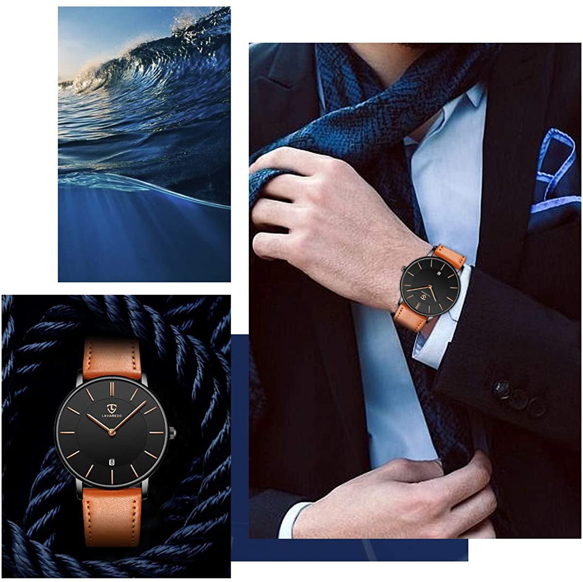 A ALPS Mens Watches Fashion Quartz Men's Watches Ultra Thin Minimalist Wristwatches with Leather Strap Gift for Man Father's Day Gifts