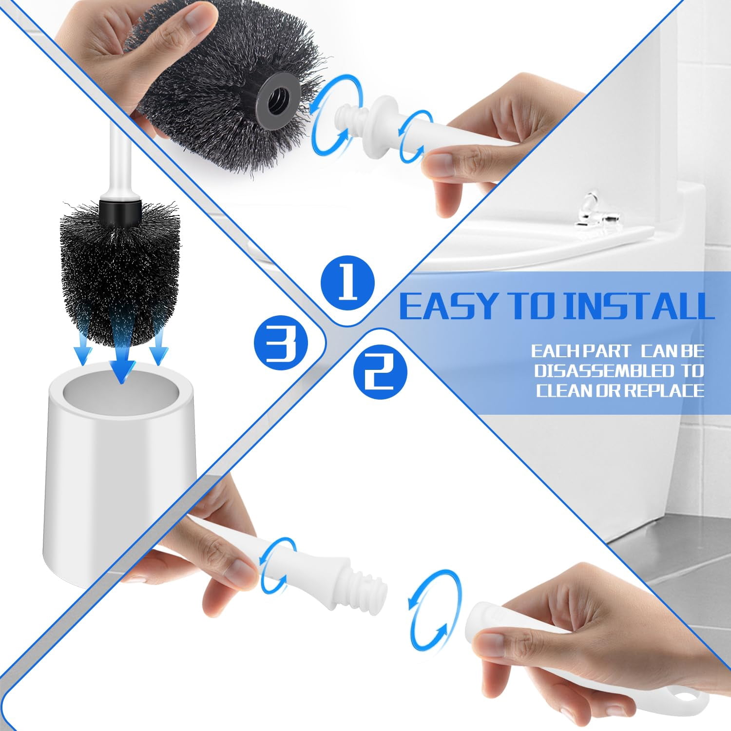 2 Pack Toilet Brush and Holder Set, Long Handle, Non-Slip Grip, Nylon Bristles, Deep Cleaning for Bathroom, Toilet Scrubber- Black