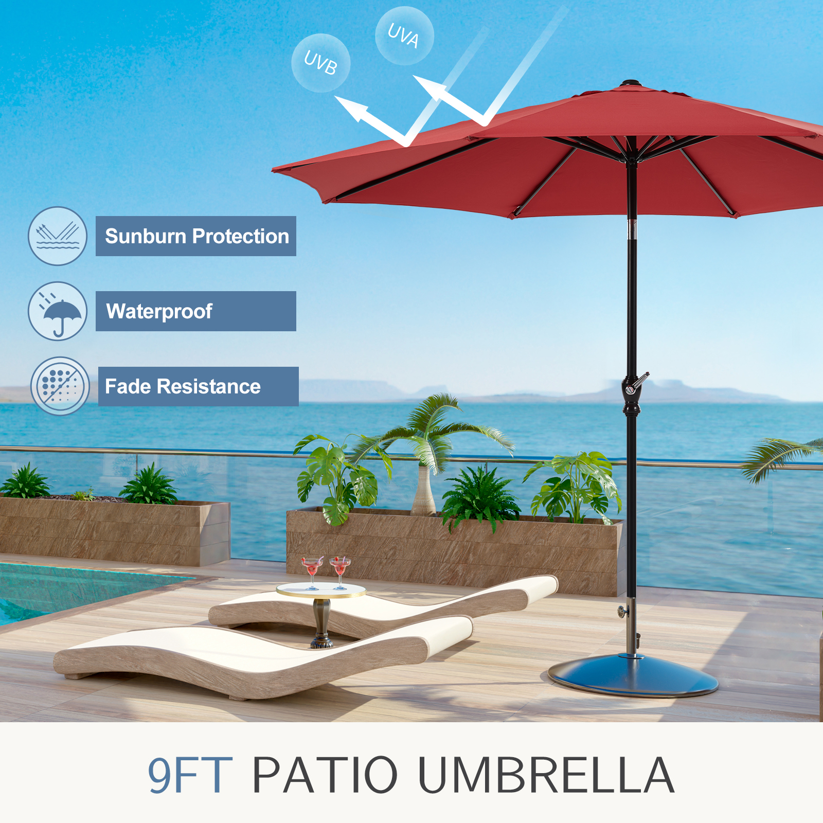 edx 9ft Outdoor Market Umbrella with Crank and Tilt, Red photo 5