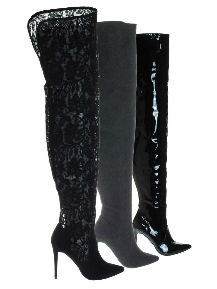 Womens Pull On Lace Shoes Pointy Stiletto Heel Party Pointy Toe Knee High Boots 