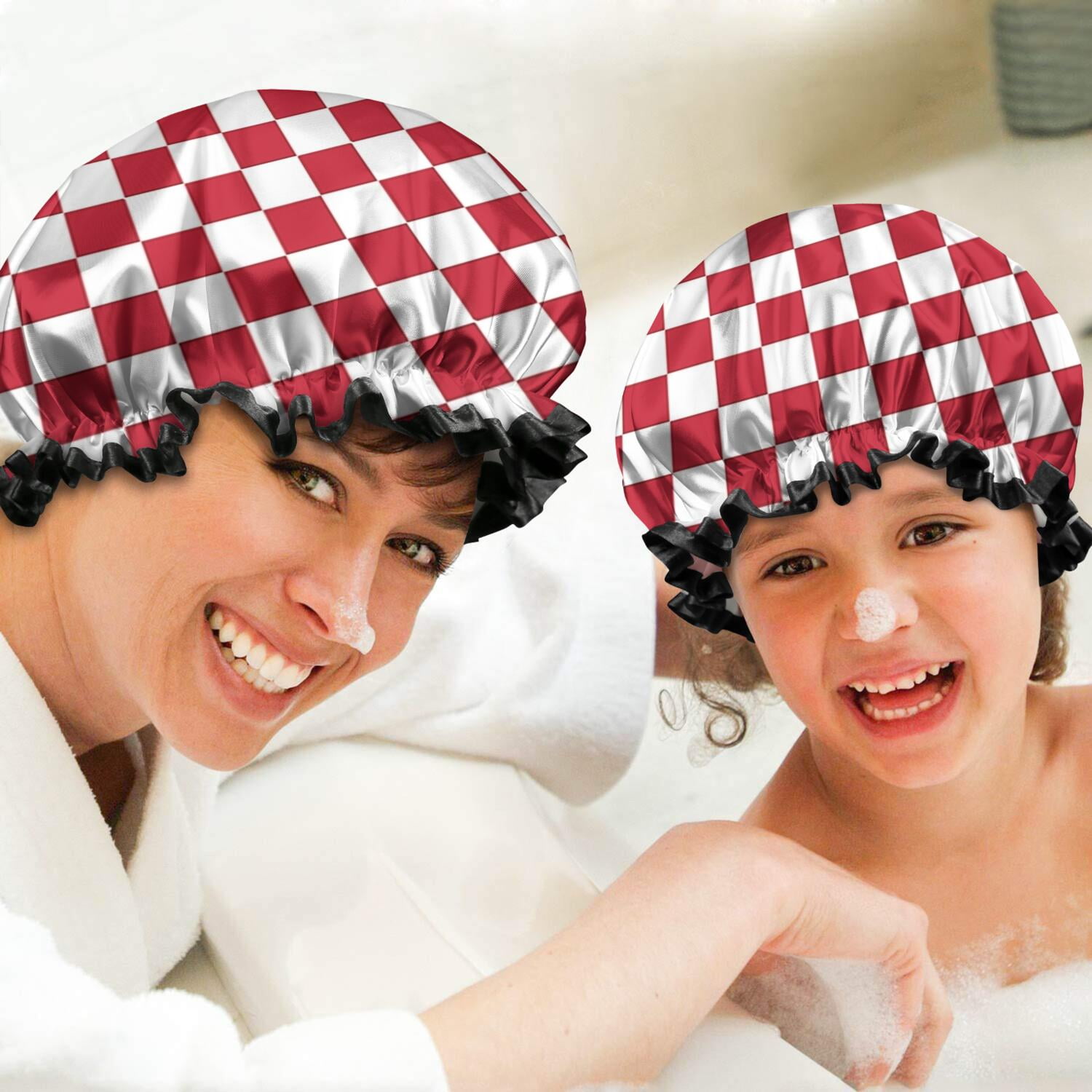 Shower Caps,Red and White Checkered Pattern Waterproof Shower Cap for Women 4 Pieces,Double Reusable Hair Cover for Shower PEVA Elastic Stretch Hem