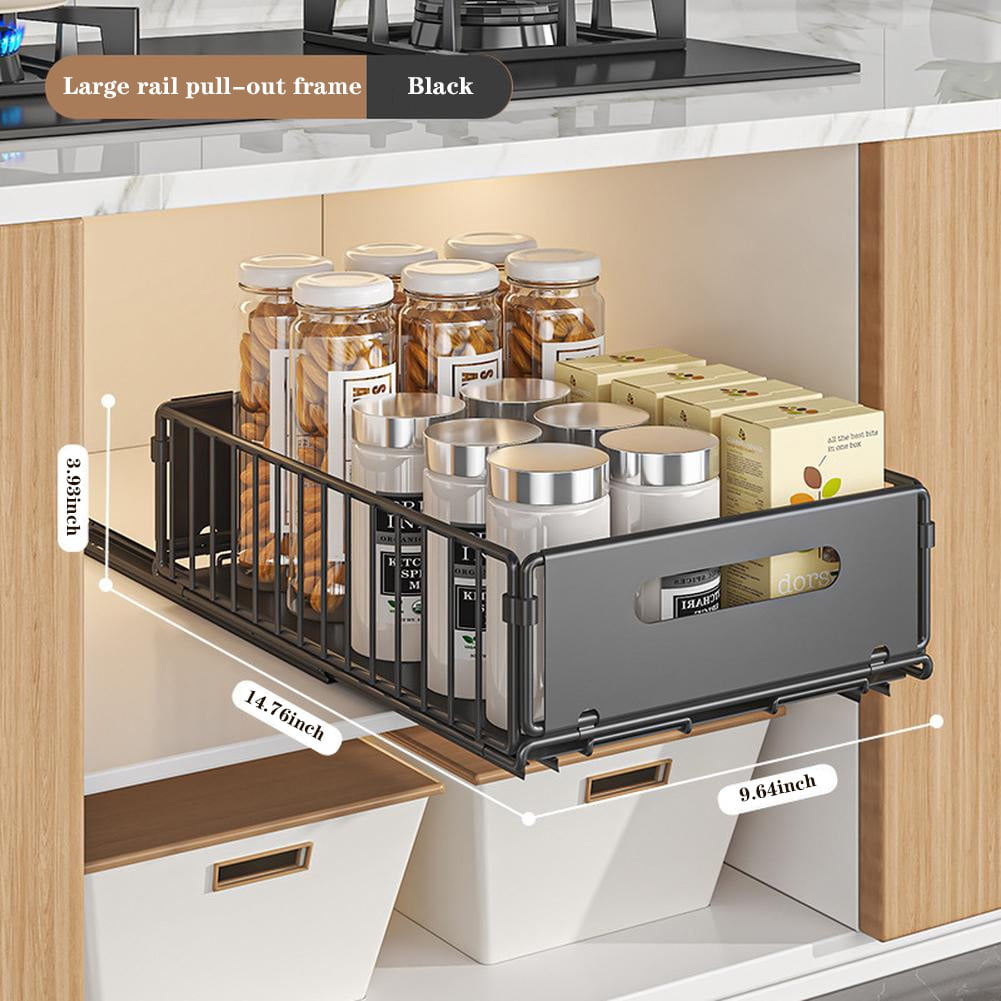 Acekid Under Sink Organizer - 2pc Pull Out Cabinet Drawers with Adhesive Film - Heavy Duty Black Slide Out Pantry Shelves for Kitchen Storage