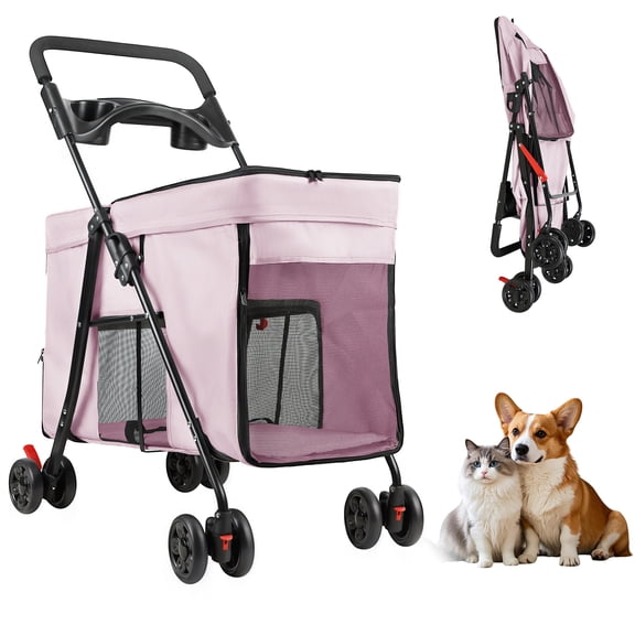 Anvazise 4 Wheel Pet Stroller,Folding Dog Cat Stroller Cart,Outdoor Travel Dog Cart with 360-Degree Wheels,5 Ventilation Windows and Removable Tray,Pink
