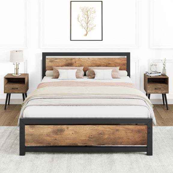 Sakiyr Full Size Bed Frame with Wooden Headboard and Footboard, Heavy Duty Metal Sturdy and Durable Platform, Extra Storage Space, Noise Free, No Box Spring Needed, Easy to Assemble, Rustic Brown