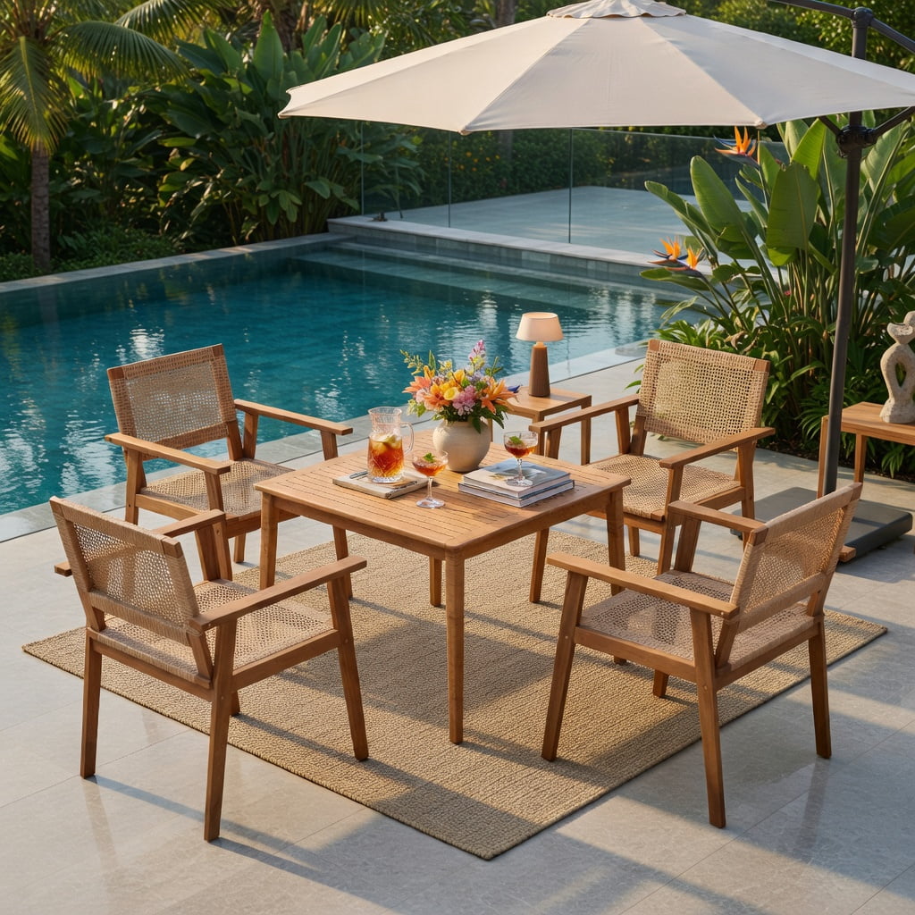 Hommoo 2-Pack Acacia Wood & PE Rattan Outdoor Dining Chairs, Weather-Resistant Patio Chairs with Ergonomic Backrest, Sturdy Armrests, Natural