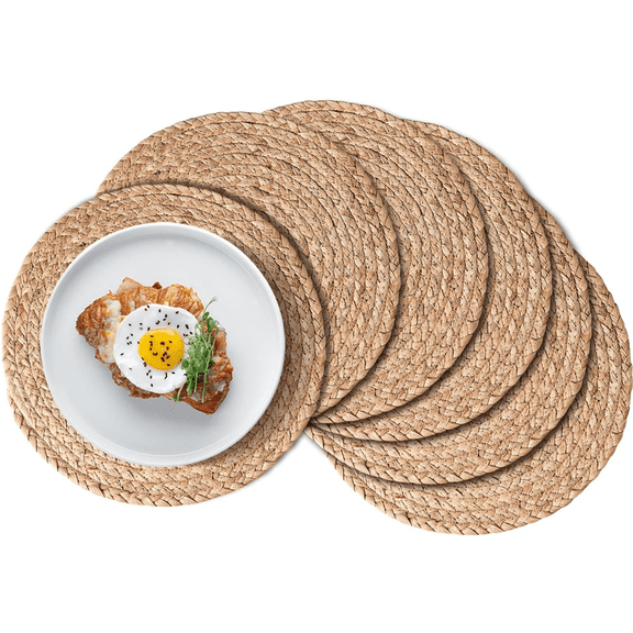 Round Woven Placemats Set of 6, Boho Rattan Place Mats, Farmhouse Weave Circle Table Mats, for Dining Table Decor,6 * Insulation Pad,As Shown