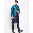 thumbnail image 3 of eloria Men's Indian Traditional Navy Blue Silk Blend Kurta with Churidar Pyjama and jacket Set, 3 of 7