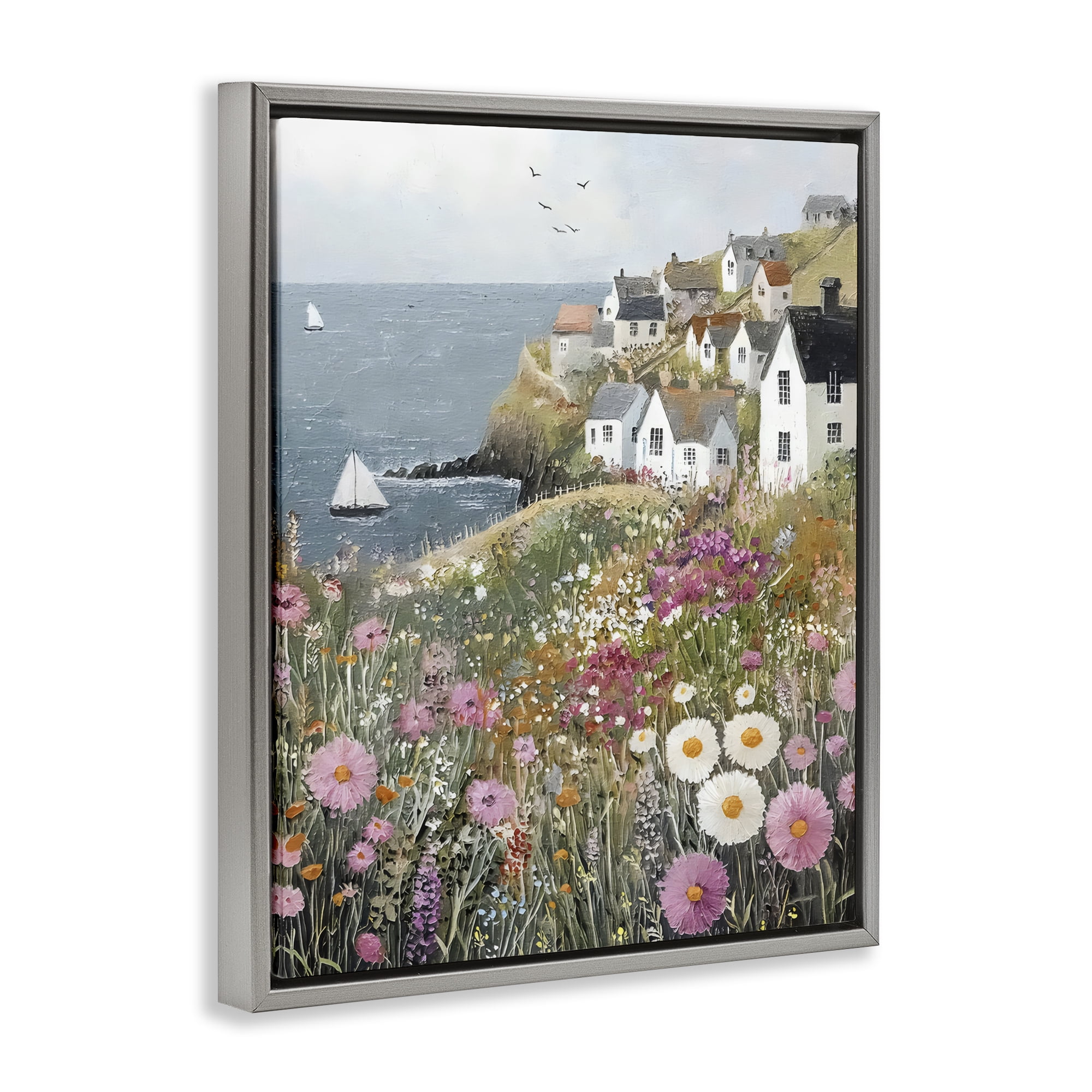 Stupell Industries Pink Meadow Overlooking Sailboats Gray Framed Floater Canvas Wall Art, design by Riley B