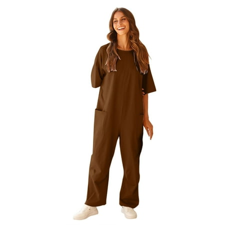 snowsong Women s Jumpsuits  Rompers and Overalls 2024 Hot Women s Stretchy Tee Short Sleeve Pockets V Neck Bodysuit Jumpsuits for Women Plus Size Jumpsuit Jumpsuits Casual (Clearance) Brown 2XL