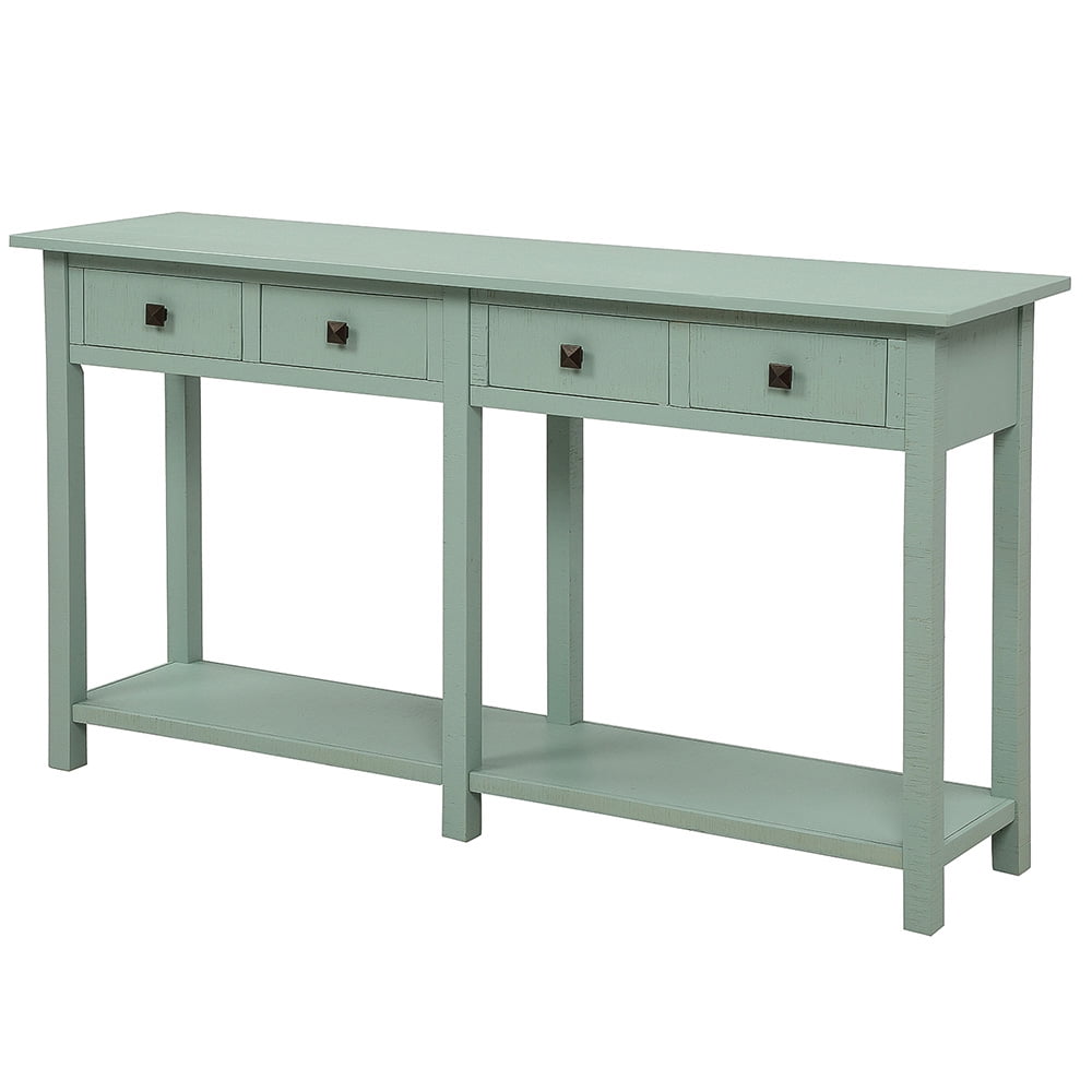 Lowestbest Solid Console Table, Brushed Texture Sofa Side Table with Drawers and Bottom Shelf, Entryway Console Cabinet for Living Room, Blue
