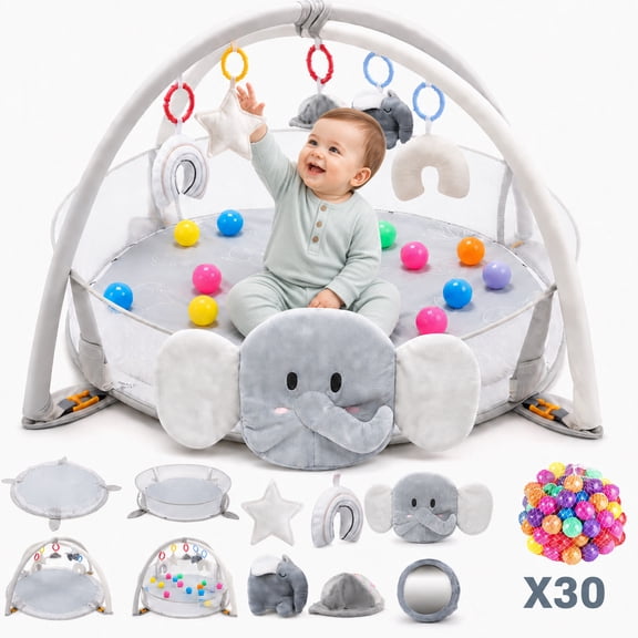 JoyStone 5-in-1 Elephant Baby Gym Play Mat with 30 Balls, Tummy Time Toys, Sensory Mat for Infants 0-12 Months