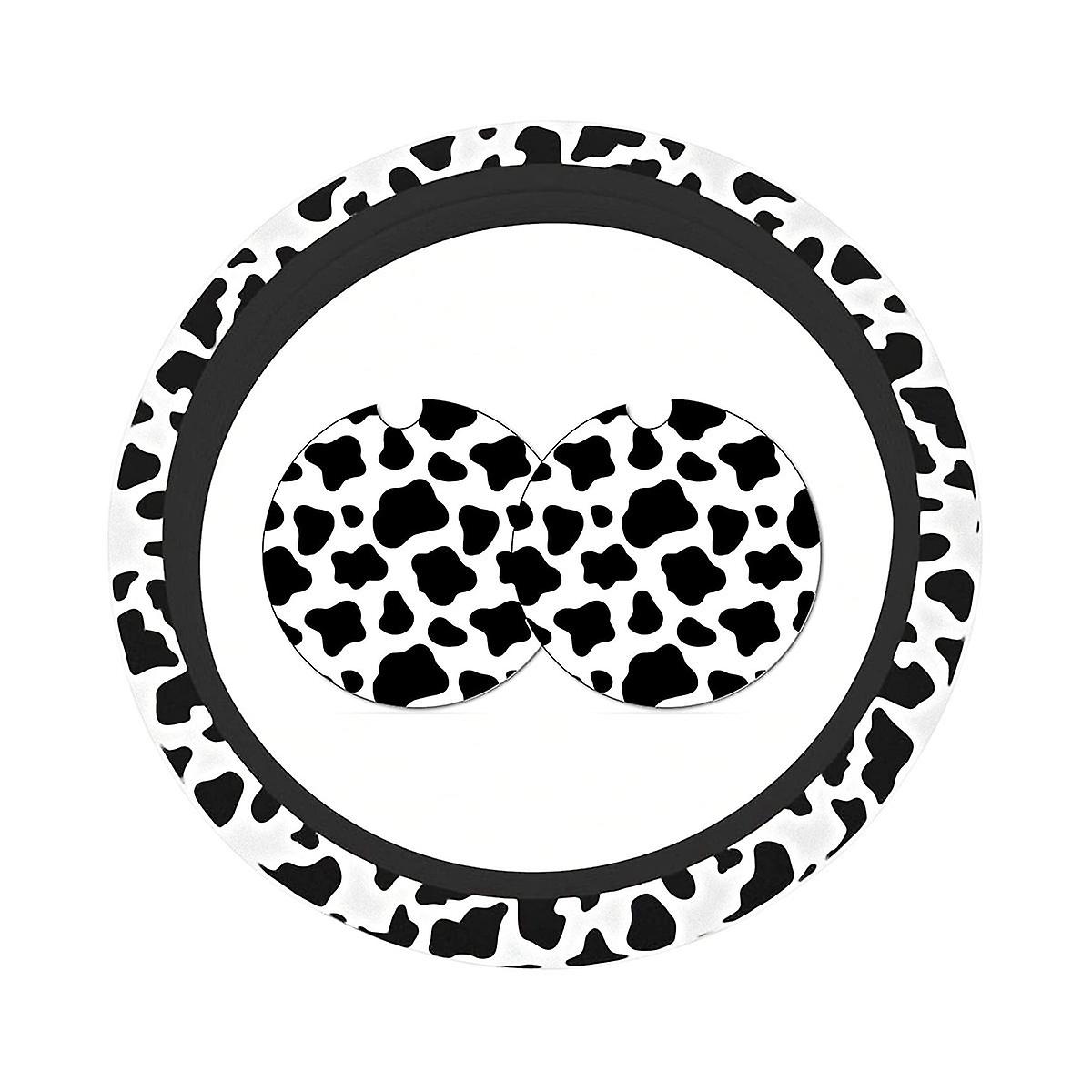 Cow Steering Wheel Cover For Women With 2pcs Car Coasters, Universal