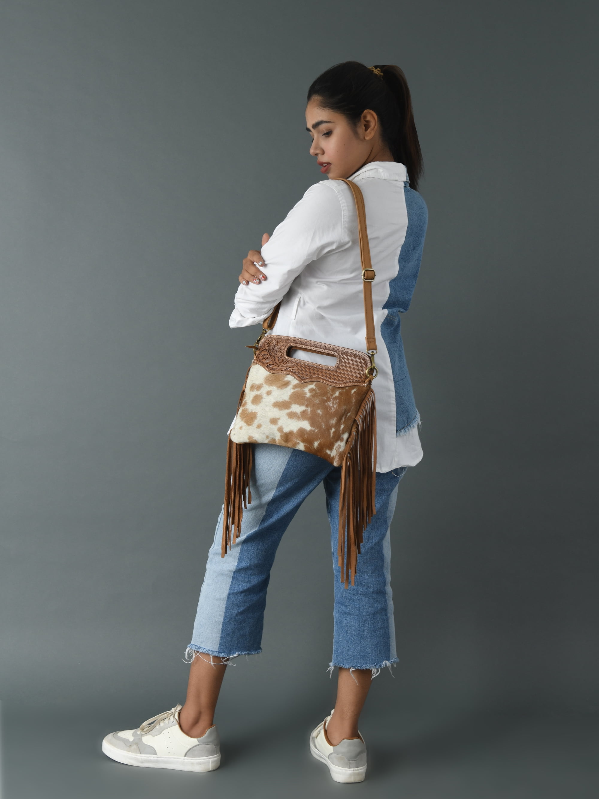 Women's Western Fringe Leather Hand Bag – Sling Bag Suede Hair-On Handbag with Adjustable Strap, Handmade Sling Purse 12"x10" Tan n White