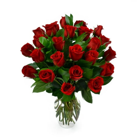Valentine's Day, Red Roses with Premium Greens, Two Dozen, Vase Included