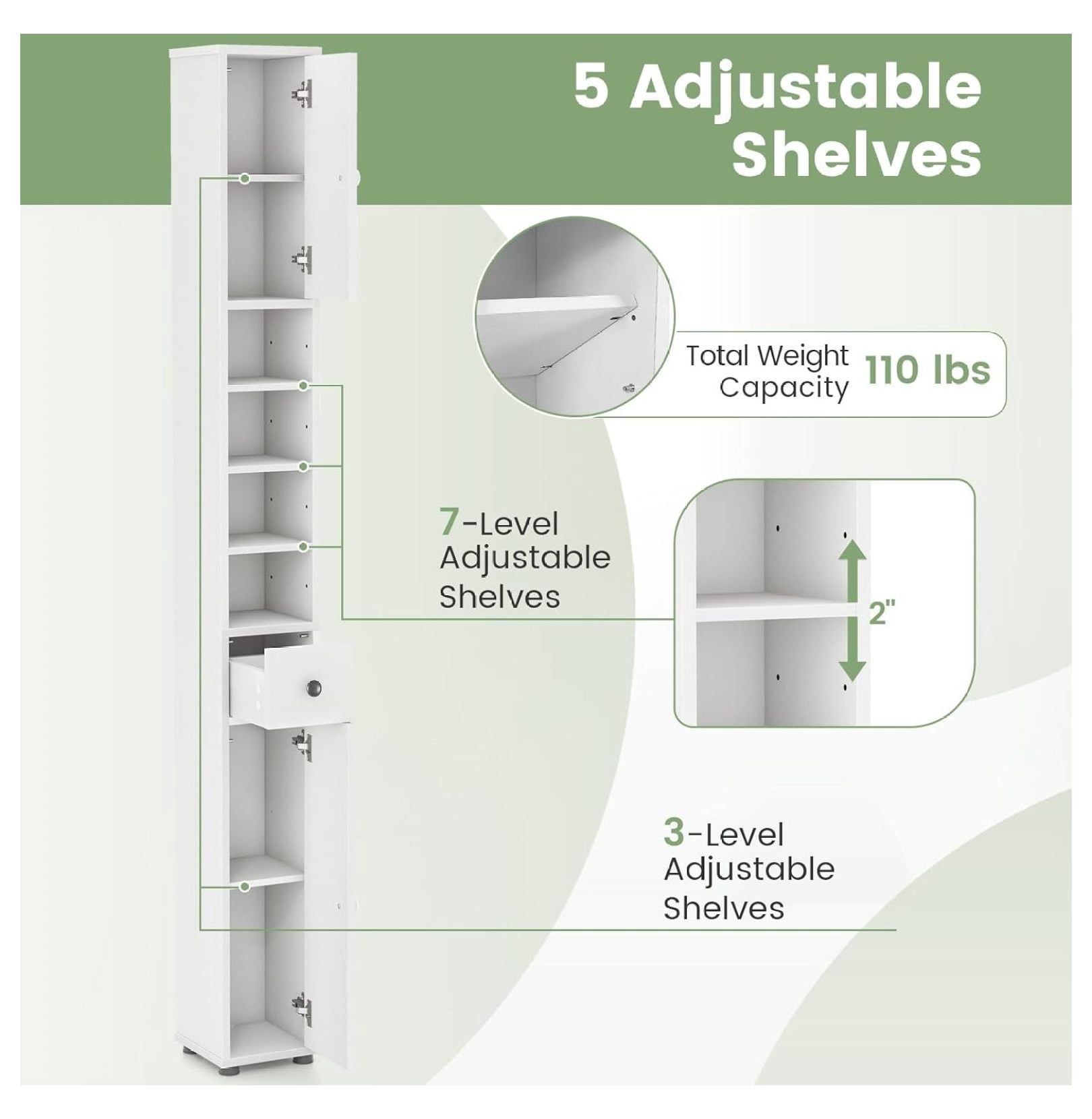 WDZS Tall Slim Bathroom Storage Cabinet, 71" Freestanding Bathroom Cabinet w/ 2 Doors, 1 Drawer & 5 Adjustable Shelves, Floor Narrow Tower Cabinet for Small Spaces, 8" x 8" x 71" (White)