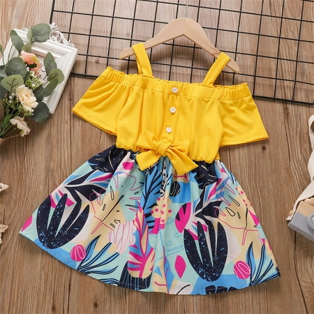 

Toddler Baby Kids Girls Short Sleeve Strap Ribbed Floral Princess Dress Bowknot Party Casual Dresses 1-6Y