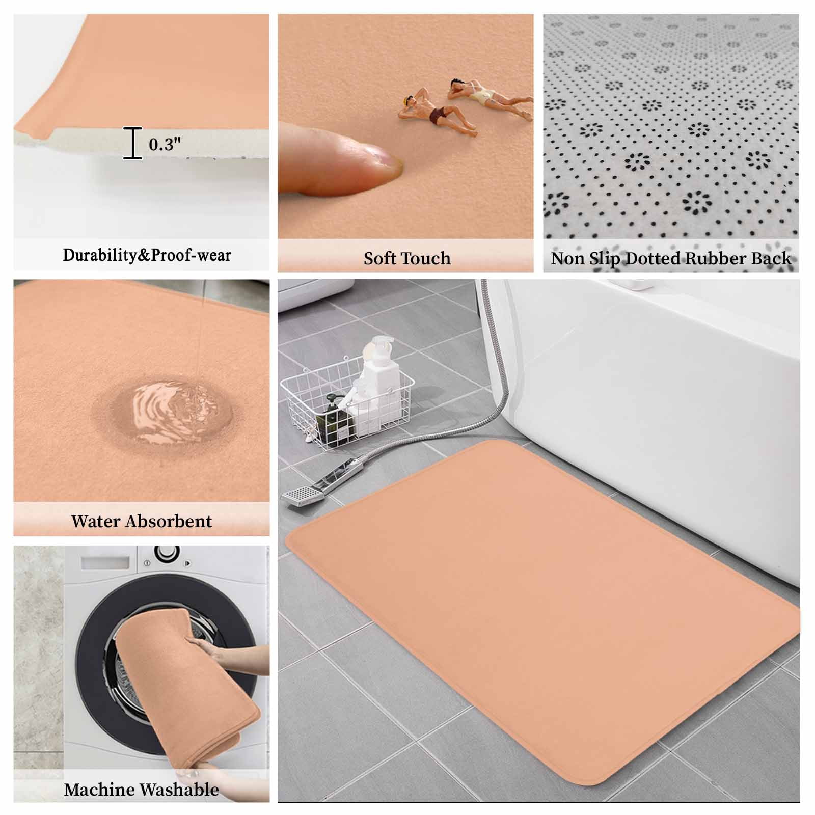 Peach Fuzz Bath Mat 3 Piece Bathroom Rug Set, Modern Pure Peach Fuzz Non Slip Bath Rug Contour Mat and Toilet Lid Cover, Absorbent Shower Mats Soft Bath Rugs and Mats Sets
