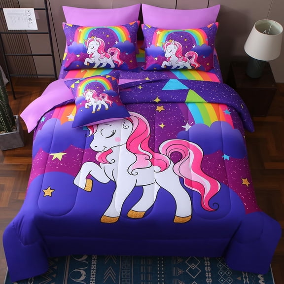Unicorn Twin Bedding Set for Girls Kids, 6 Piece Bed in A Bag 3D Rainbow Theme Unicorn Comforter Set with Sheet Set (Rainbow)