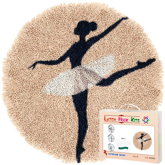 Latch Hook Rug Kit Dancing Ballerina Girl Stamped Handmade Round Shape Carpet Crochet Yarn Craft DIY Hook and Latch Door Mat Tapestry for Christmas Home Floor Decor 50x50cm(6)