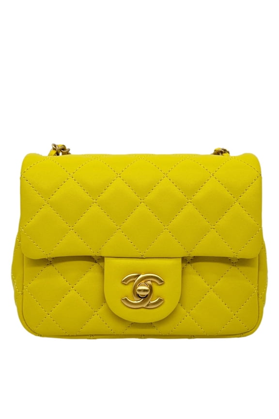 Pre-Owned Chanel Pearl Crush Square Flap Mini Quilted Lambskin Leather Shoulder Bag Yellow