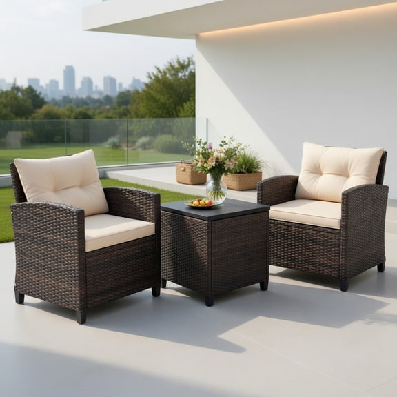 Spaco 3 Piece Patio Sofa Set, Wicker Chairs and Coffee Table with Storage, Patio Furniture Set for Patio, Garden, Backyard, Beige