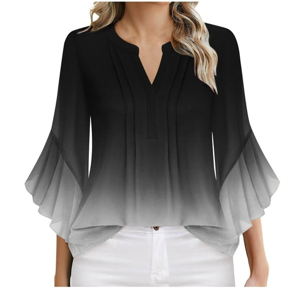 Olyvenn Stylish V Neck T Shirts for Women Fashion Gradient Color 3/4 Flare Sleeve Blouse Dressy Summer Casual Office Tunic Shirt Black L