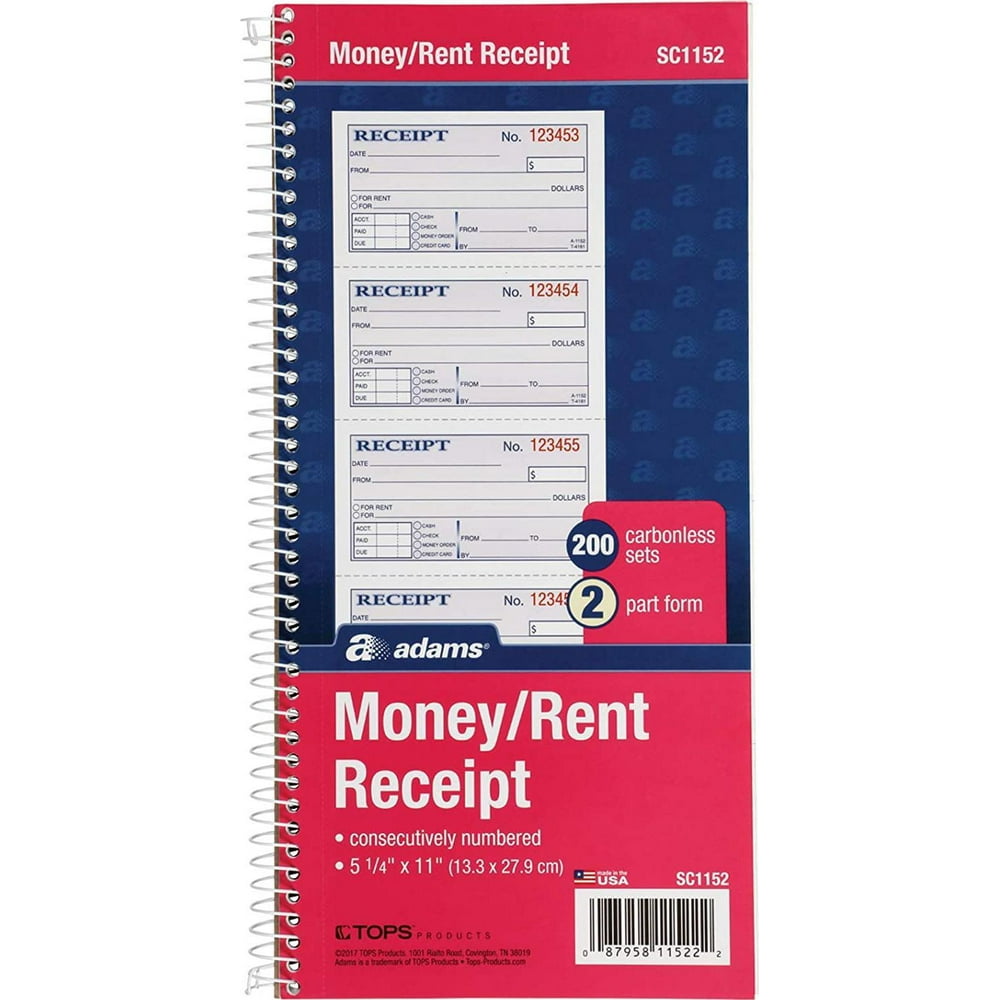 Adams Money And Rent Receipt Book, 2Part Carbonless, 51/4 X 11