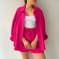 thumbnail image 4 of Women's 2 Piece Outfits Clearance Women's Summer Two Piece Neck Long Sleeve Shirt High Waist Drawstring Large Shorts Casual Set Wide Leg Pants, 4 of 5
