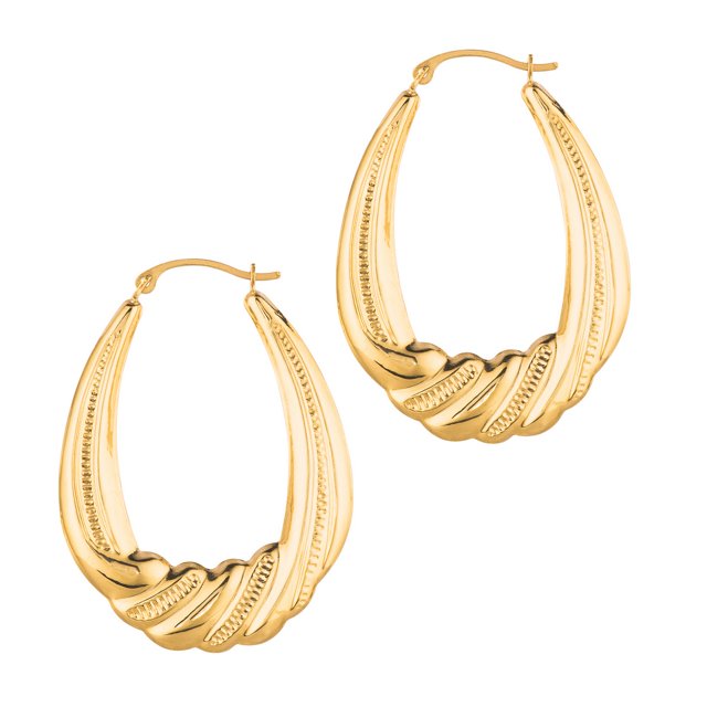 14k Yellow Gold Textured Shiny Graduated Oval Shape Ridge Symbolic Hoop Earrings Hinged Clasp Jewelry Gifts for Women