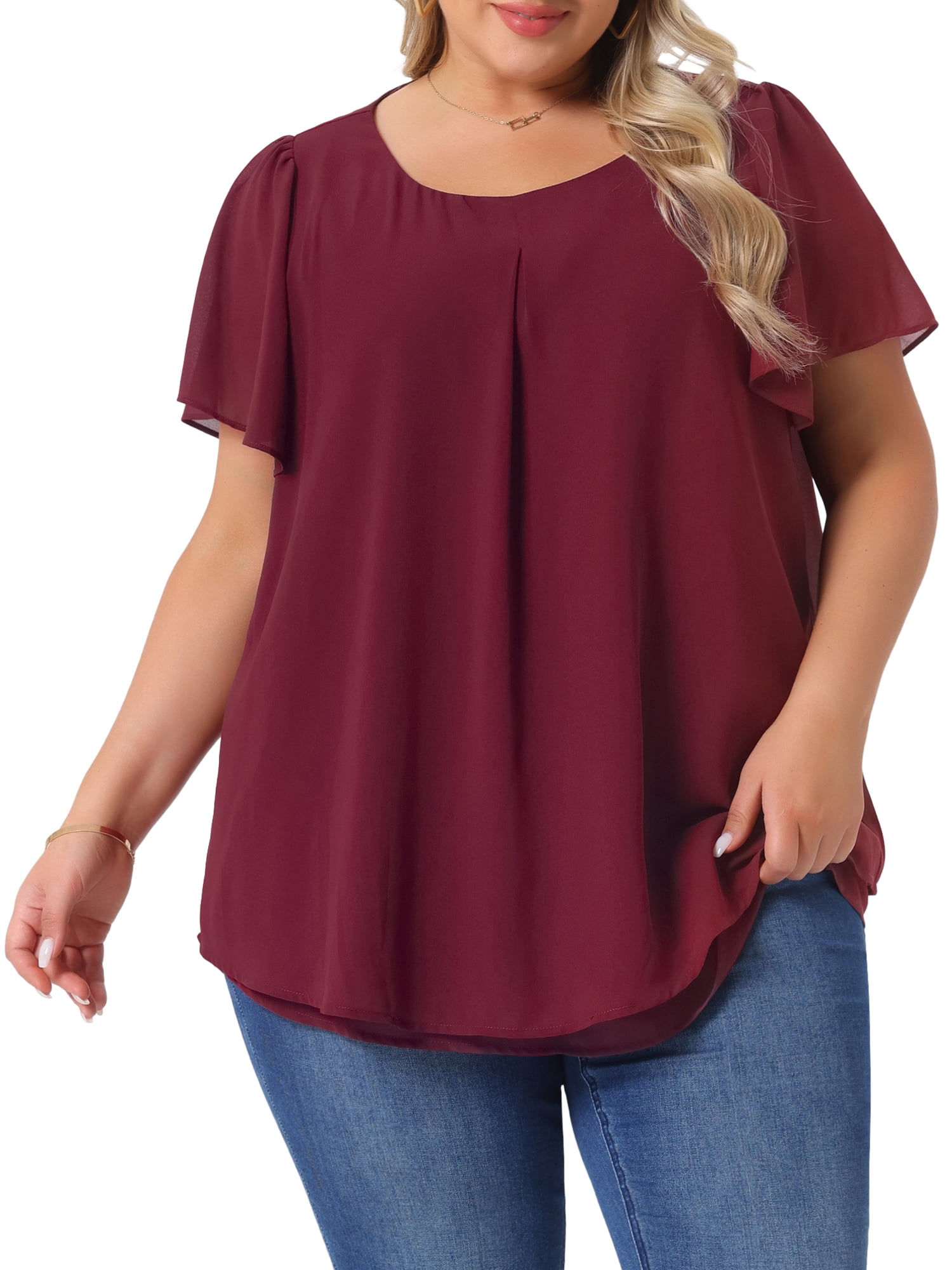 DARING DIVA Women's Plus Chiffon Ruffle Double-Layered Top 4X Burgundy