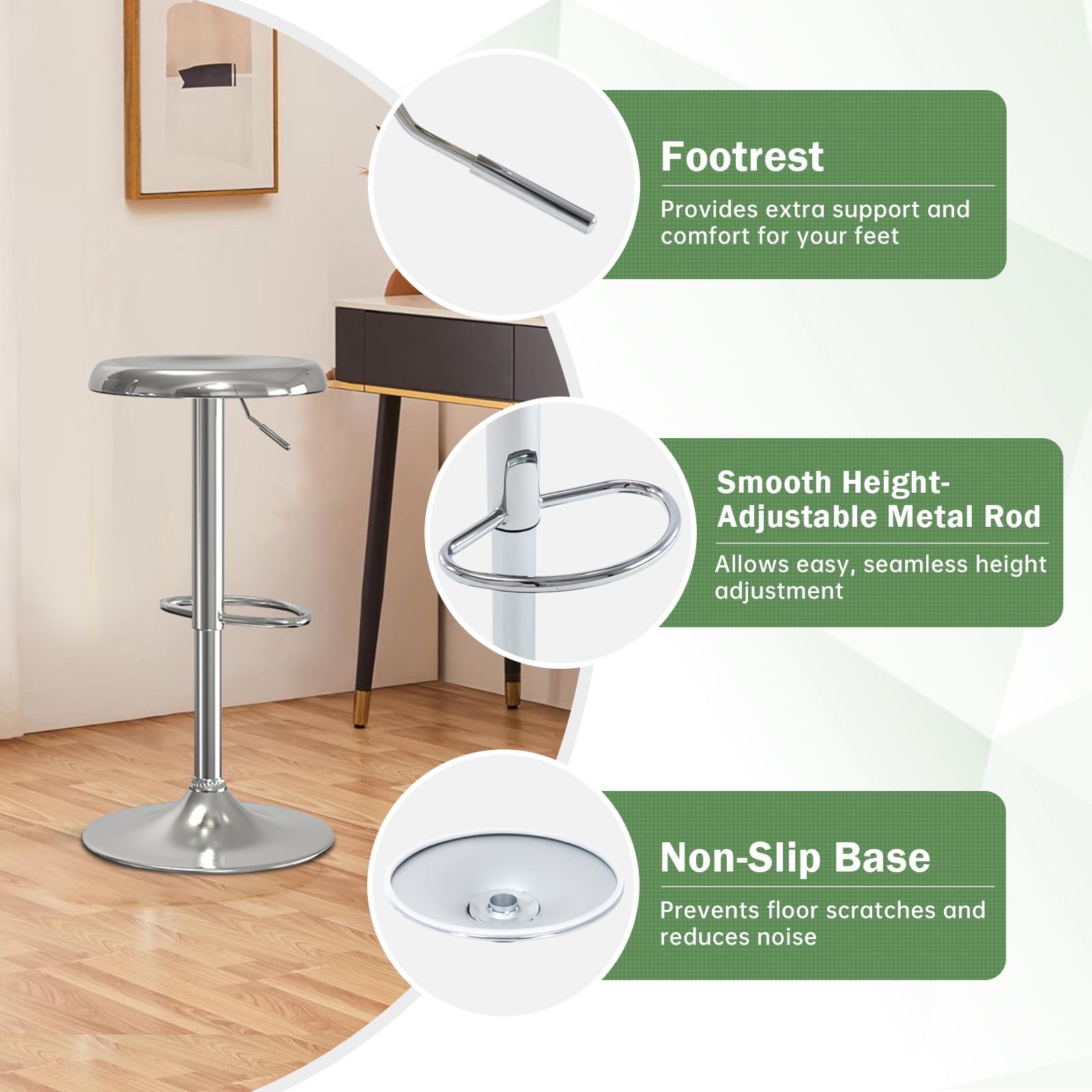 Metal Bar Stools Set of 2, Counter Height Adjustable Barstools, Backless 360° Swivel Kitchen Stools for Island, Dining, Bistro, Pub (Sliver)