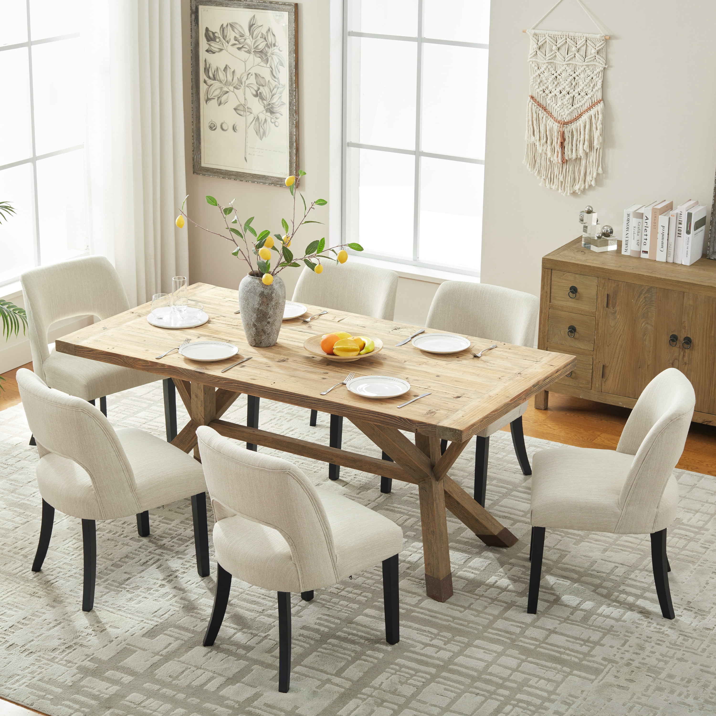 Vknow Furniture Wooden Dining Chairs Set of 2, Modern Fabric Upholstered Dining Room Chair Kitchen Chairs, Farmhouse Dinner Chair for Kitchen Dining Room, Beige