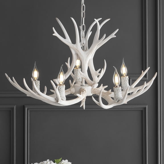 JONATHAN Y Eldora 30" Adjustable Resin Antler 5-Light LED Chandelier, White, JYL6300B