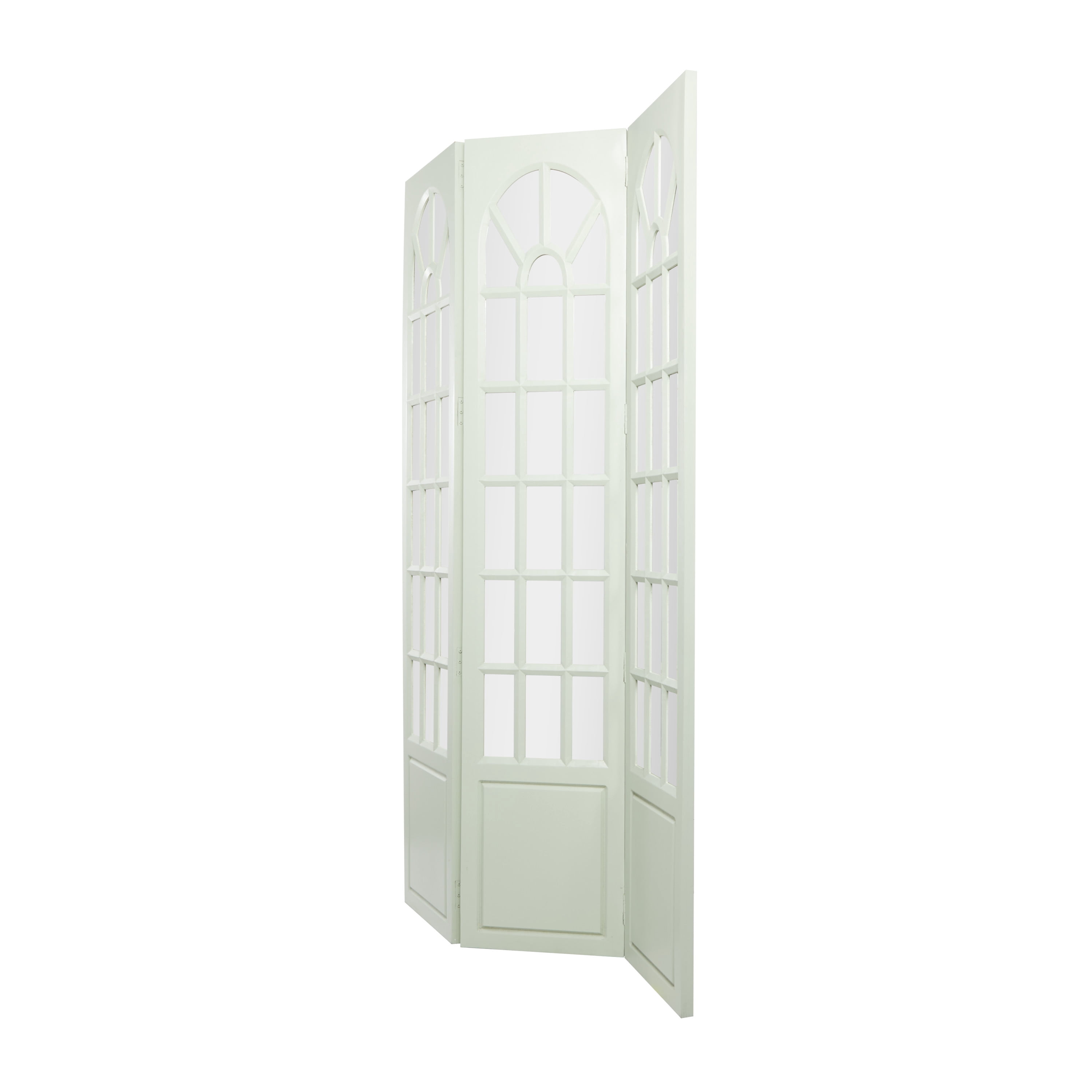 DecMode 44" x 72" Green Wood Hinged Foldable Partition 3 Panel Room Divider Screen with Window Pane Style Mirror, 1-Piece